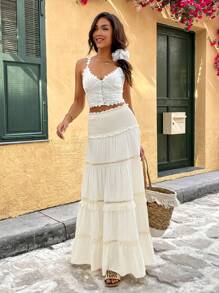 Breezaya Falda plisada con parche de encaje floral y lazo a la cintura en unicolor, estilo romántico vacacional para mujer