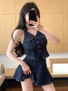 DAZY 水洗针迹点缀背心和褶皱迷你裙女士牛仔套装 - 深色水洗藍 - 查看 5