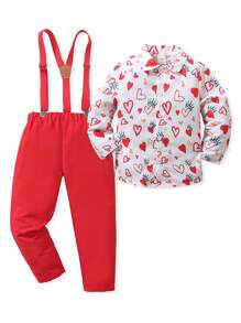 SHEIN Young Boy 2pcs Gentleman Style Outfit, Includes White Dress Shirt With Digital Printed Red Heart Crown Design, Adjustable Suspender Overalls, And Solid Red Pants, Great For Birthday Party, Wedding, Holiday Occasions - Red - View 3