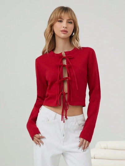 Easelle 女士休闲纯色系带长袖短款开衫