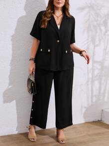 SHEIN LUNE Conjunto informal y cómodo de 2 piezas con decoración de botones para tallas grandes - Negro - Ver 1