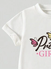 SHEIN 年轻女孩字母与蝴蝶印花短袖 T 恤和工装裤休闲 2 件套 - 粉色 - 查看 7