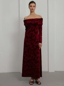 GENKIRA Vestido de fiesta con estilo romántico italiano para mujeres, vestido de terciopelo con manga larga con abertura en los hombros y diseño de jacquard con mariposa en la cintura - Multicolor - Ver 6