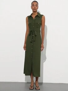 Aveloria Modichic 女式优质工作风格连衣裙，有领，双口袋，金属纽扣开合，自系腰带，无袖，超长款 - 軍綠色 - 查看 2