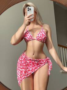 Swim Mod Springbreak New 3 Pcs Sexy Swimwear Set, Ditsy Floral Deep V Rib Gathered High Waist Bikini For Summer Beach Vacation - Red - View 2