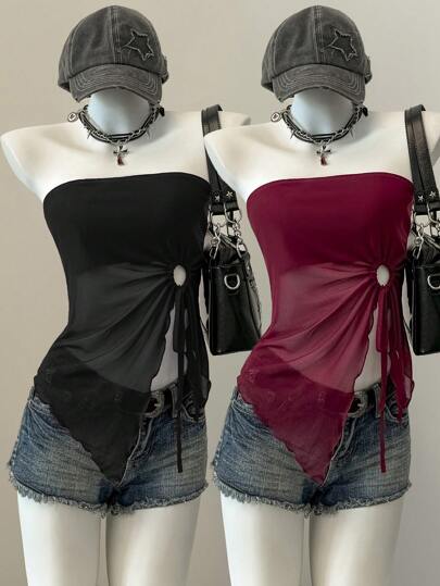 SHEIN EZwear 2 件不对称下摆生菜边抽绳侧边女式上衣，新品上市