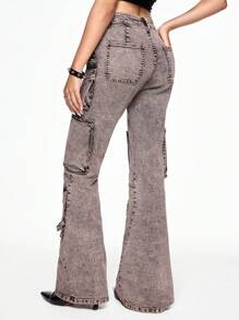 ROMWE Grunge Punk Distressed Washed Denim Flare Leg Pants, Dystopian Punk Street Style - Purple - View 4