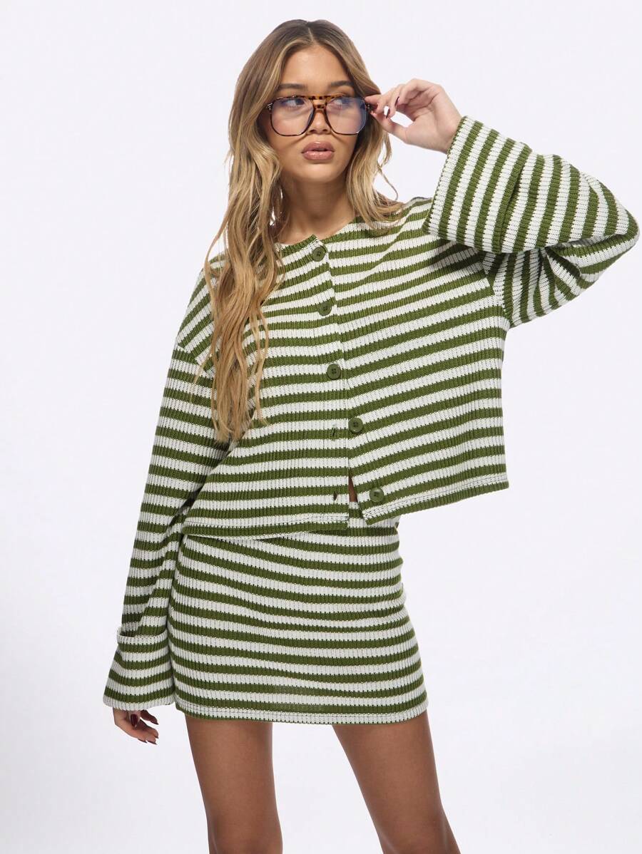 MISSGUIDED Striped Knit Two-Piece Set Button-Front Cardigan Matching Mini Skirt Fall Winter Cozy Ribbed Fashion Outfit - Army Green - View 1