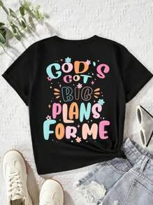 SHEIN Camiseta de manga corta veraniega para niña casual y linda con estampado floral y texto de lema colorido