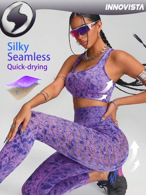 Innovista Woman Activewear Seamless Performance 2 Pieces Sport Set,  High Elastic Zip Up Push Up&Support Bra&Legging,Breathable&Dry Fit Gym Top And Bottom, High Waist Tummy Control&Compress Workout Tank Top&Pants  Abstract Marbling&Dynamic Tie Dye Texture Print Shape Wear