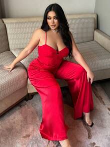 Flirla Plus Size Solid Color Minimalist Fashion Casual Everyday Jumpsuit - Red - View 1