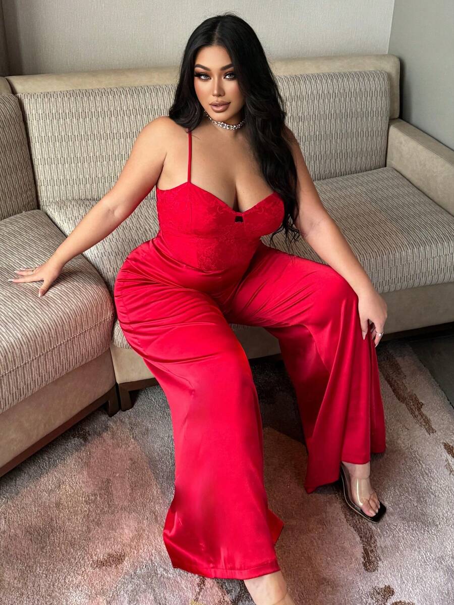 Flirla Plus Size Solid Color Minimalist Fashion Casual Everyday Jumpsuit - Red - View 1