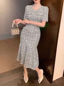 DAZY 格子圆领鱼尾中长连衣裙 舞会礼服 优雅、荷叶边、返校服 - 黑色 - 查看 8