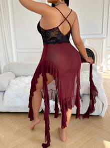 Plus Size Two-Tone Lace Ruffle Patchwork Side High Slit Nightgown
