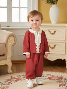 SHEIN Baby Boy Contrast Lace Long Sleeve Top And Pants Casual Outfit Set