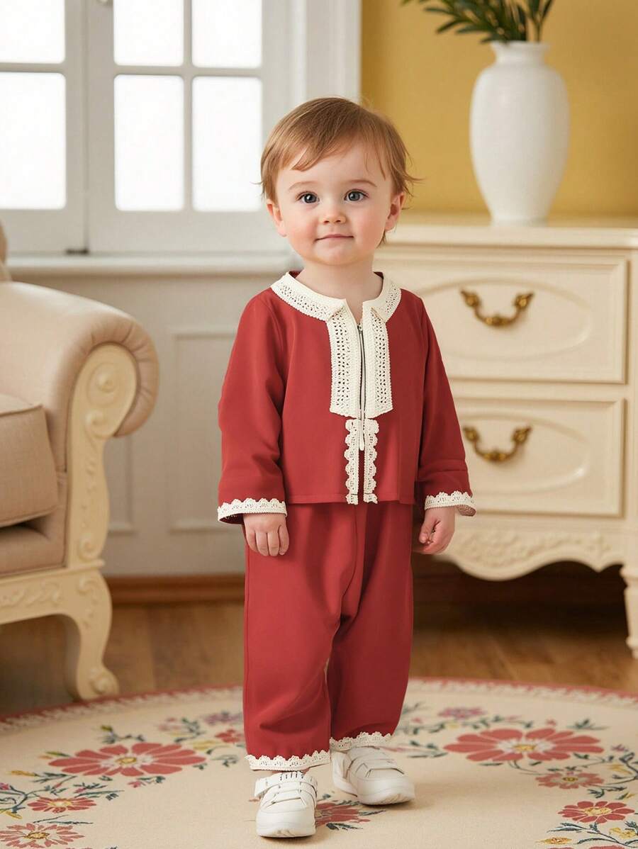SHEIN Baby Boy Contrast Lace Long Sleeve Top And Pants Casual Outfit Set