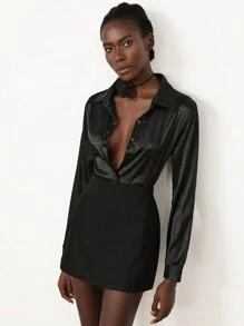 SHEIN Privé Bộ 2 áo sơ mi cổ bẻ họa tiết tối giản thanh lịch và váy satin cho nữ, trang phục công sở sang trọng - màu đen - Xem 1