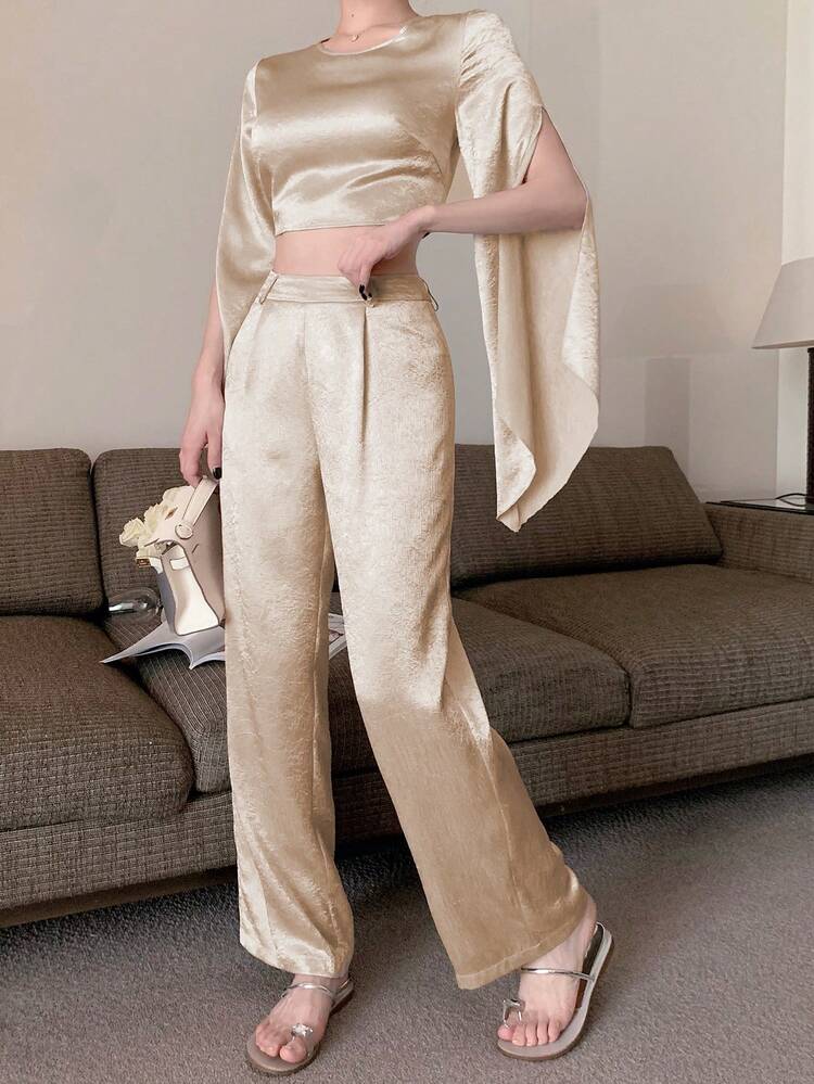 Solid Color Crew Neck Open Slit Sleeve Short Blouse And Wide Leg Pants Set For Women, Women Two Pieces Sets,Fall Women Clothes