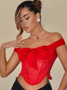 SHEIN ICON Valentine's Day Dating Valentines Clothes Spring Summer Lace Patchwork Off Shoulder Red Bow Decor Valentine's Day Women Red Women Tops - Red - View 4