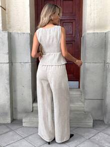 SHEIN Essnce Summer Women's Linen Suit Solid Color Minimalist Style Elegant Casual Commuter Suit Female - Apricot - View 2