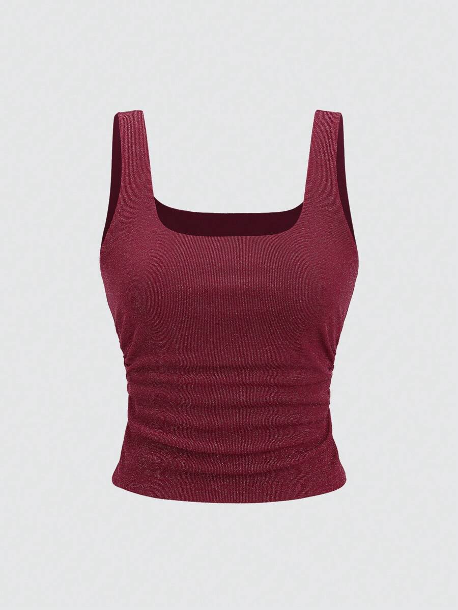 SHEIN Unity Y2K 纹理闪亮面料性感休闲吊带背心 - 酒紅色 - 查看 1