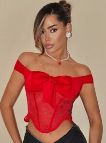 SHEIN ICON Valentine's Day Dating Valentines Clothes Spring Summer Lace Patchwork Off Shoulder Red Bow Decor Valentine's Day Women Red Women Tops - Red - View 1