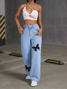 SHEIN EZwear جينز واسع سراويل مطبوع بفراشة سوداء مغسول - أزرق متوسط - مشاهدة 3