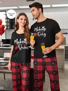 CoupledUp Letter, Lip Print Short Sleeve Top And Heart Plaid Print Pants Couple Casual Loungewear Set For Men - Black - View 4