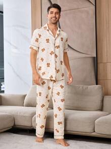 Cartoon Bear Print Men's Sleepwear Set - Apricot - View 6