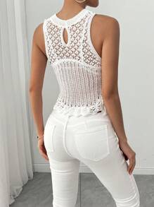 Breezaya Women's Solid Color Sleeveless Sheer Hollow-Out Knit Top - White - View 2