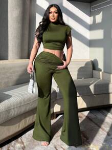 Flirla Plus Size Casual Solid Color Stand Collar Crop Top And Flared Pants 2 Pieces Set - Army Green - View 1