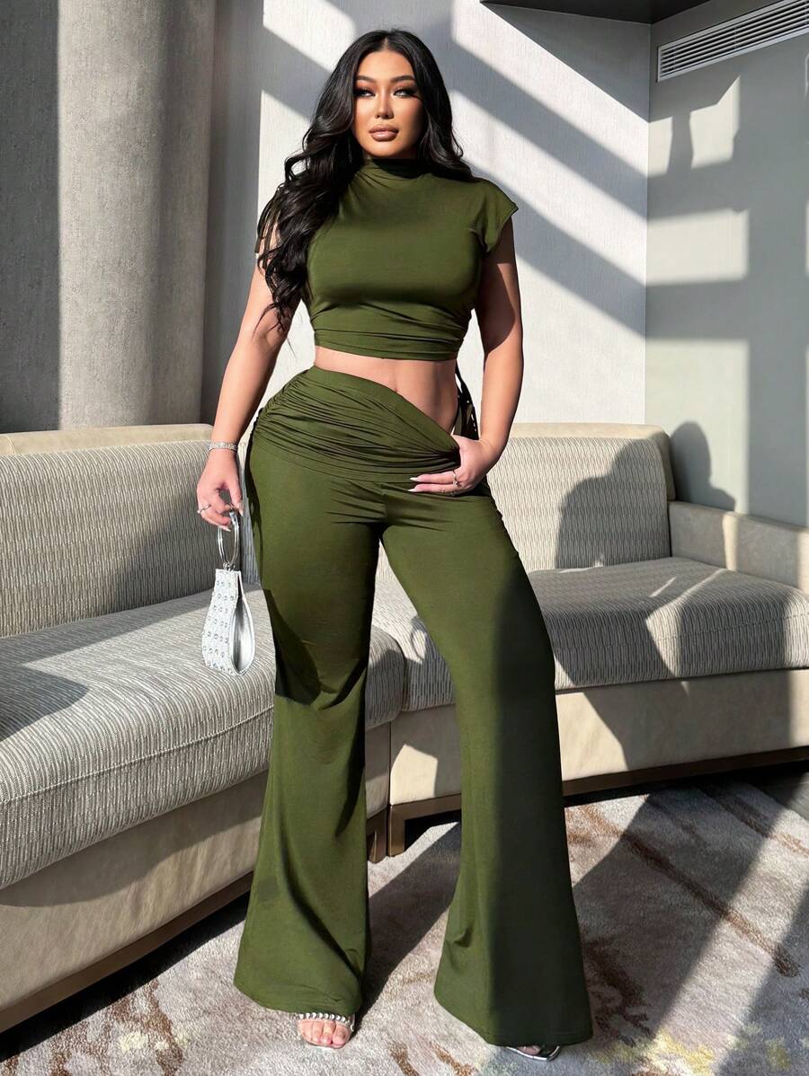 Flirla Plus Size Casual Solid Color Stand Collar Crop Top And Flared Pants 2 Pieces Set - Army Green - View 1