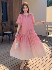 DAZY 渐变色褶皱腰带女式中长连衣裙，休闲女式连衣裙 - 粉色 - 查看 8