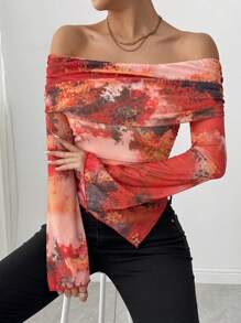 SHEIN Clasi Abstract Graphic Print Sheer Shoulder Flare Sleeve Asymmetric Hem T-Shirt Fall Cloth For Women - Red - View 6