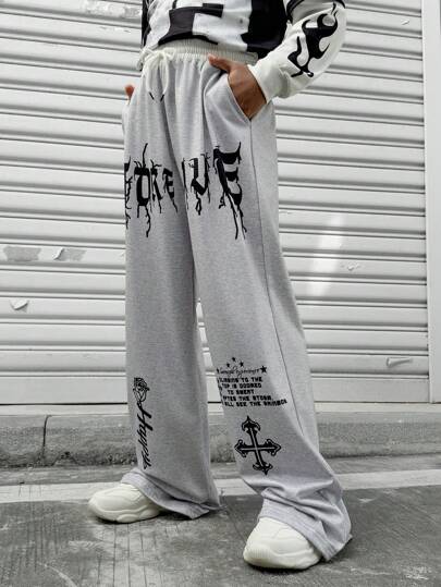 SHEIN Coolqubz Tween Boys' Graphic Print Casual Loose Straight Sweatpants