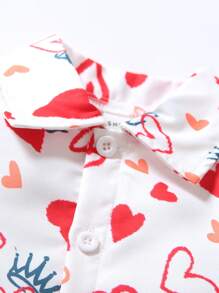 SHEIN Young Boy 2pcs Gentleman Style Outfit, Includes White Dress Shirt With Digital Printed Red Heart Crown Design, Adjustable Suspender Overalls, And Solid Red Pants, Great For Birthday Party, Wedding, Holiday Occasions - Red - View 4