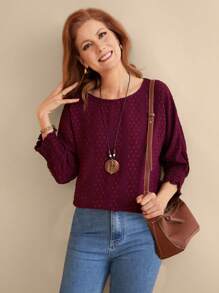 EMERY ROSE Women's Casual Solid Color Jacquard Bat Wing Shirt, Spring/Summer - Burgundy - View 3