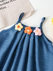 SHEIN Playful Pals Baby Girl Embroidered Floral Spaghetti Strap Dress, Summer Vacation