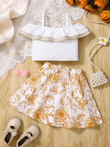 Baby Girl Clothing Golden Floral Print Camisole Shoulder Top And Skirt Elegant Summer Suit - Multicolor - View 3