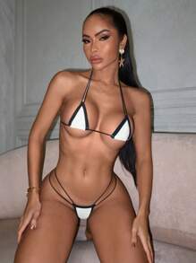 Swim SXY 游泳夏季海滩度假服装女士黑白性感比基尼套装 - 白色 - 查看 5