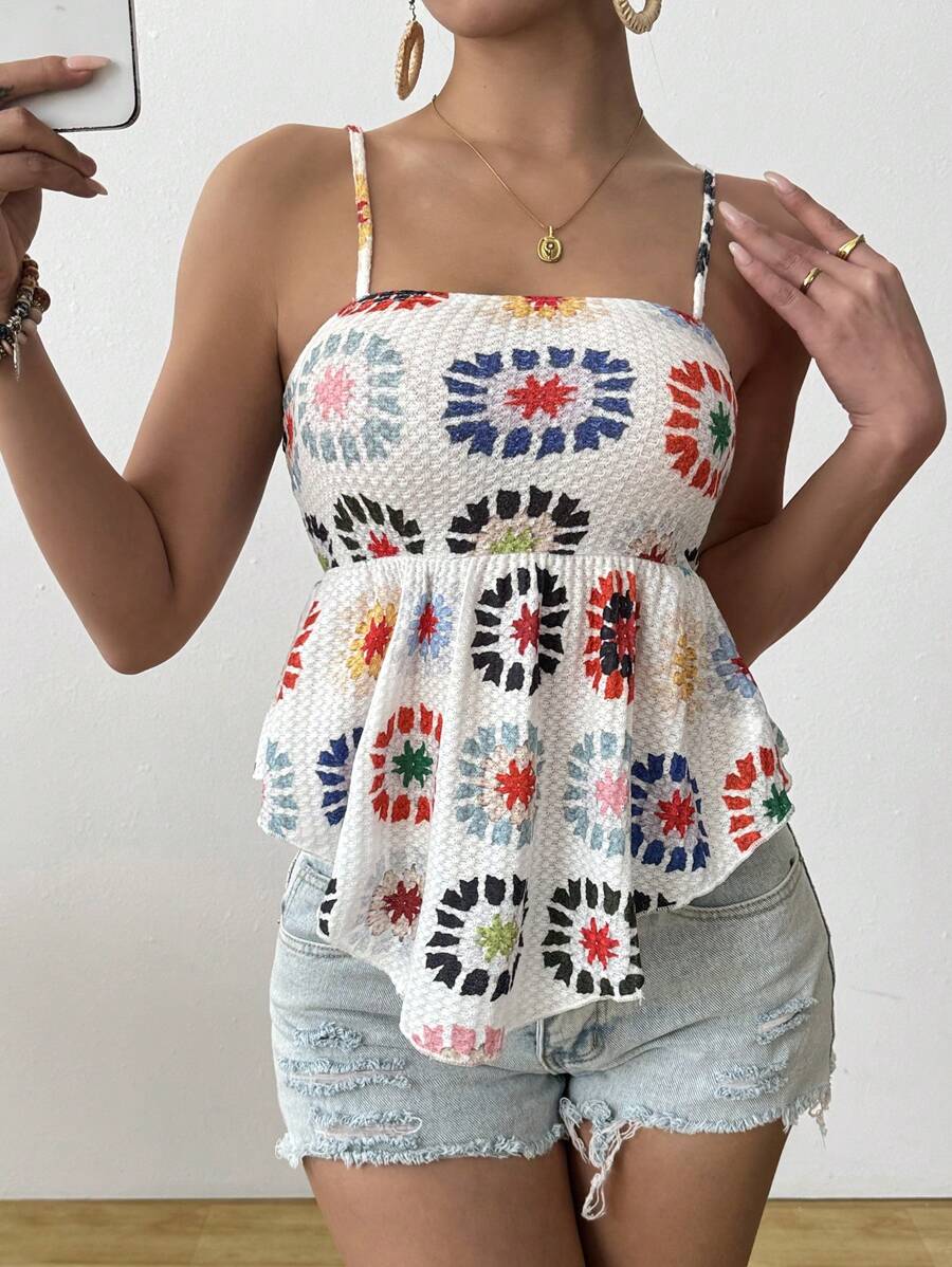 Breezaya 夏季全印花吊带背心，休闲时尚，适合日常穿着 - 白色 - 查看 1