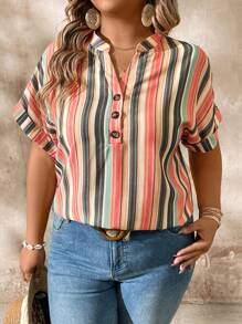 EMERY ROSE Cuffed Sleeve Colorful Striped V-Neck Plus Size Shirt - Multicolor - View 4