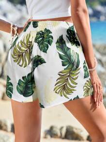 SHEIN VCAY 女士度假海滩植物印花短裤 - 薄荷綠 - 查看 2