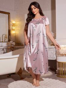 MuseNap CURVE Plus Size Floral Print Lace-Up Long Faux Silk Dress, Moo Moo Sleep Dress - Pink - View 4