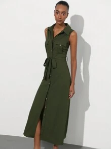 Aveloria Modichic 女式优质工作风格连衣裙，有领，双口袋，金属纽扣开合，自系腰带，无袖，超长款 - 軍綠色 - 查看 5