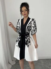 Calvaya V-Neck Short Sleeve Black And White Color Block Print Cinched Waist Waist Crop Spring/Summer Apricot Dress For Women