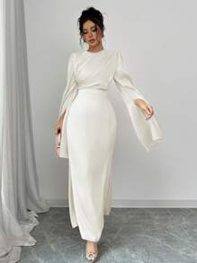 Rafferiza Women's Elegant Gathered Waist Fishtail Hem Cocktail Dress With Flare Sleeves, Shiny Fabric, Autumn/Winter Maxi Women Outfit Fall Cloth For Women - Apricot - View 5