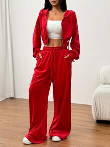 SHEIN EZwear Bộ 2 món áo hoodie và quần dài màu trơn cho nữ - Đỏ - Xem 4