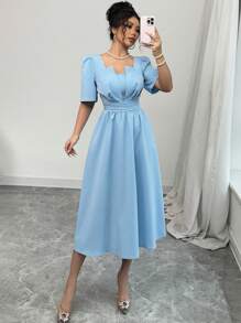 Rafferiza Blue Minimalist Waist Cinching Mid-Length Dress
