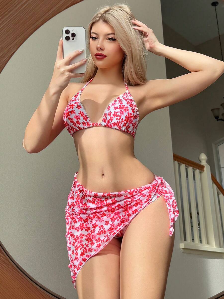 Swim Mod Springbreak New 3 Pcs Sexy Swimwear Set, Ditsy Floral Deep V Rib Gathered High Waist Bikini For Summer Beach Vacation - Red - View 1